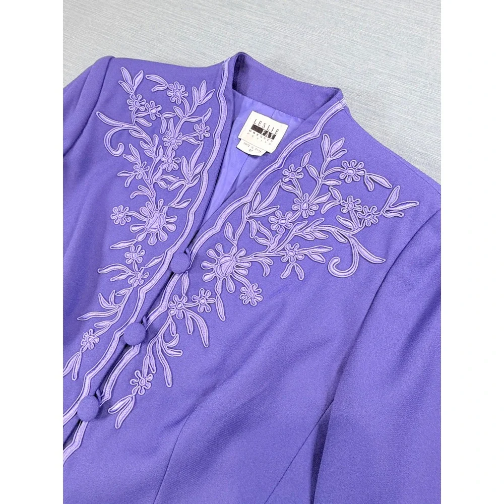 VTG Leslie Fay Petite Purple Skirt Suit Floral Embroidered 2 Piece Set 8P